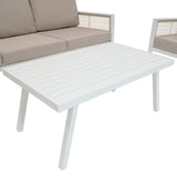 Elegante 4-teilige Aluminium-Sofagarnitur in Weiß mit beigem Polster, modernem Design und einem schlanken, gestreiften Tisch aus Aluminium