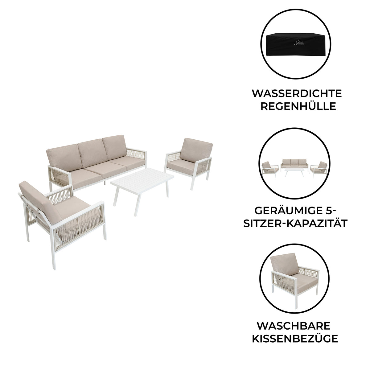 Vierteilige Aluminium-Sofagarnitur in Weiß mit bequemen, waschbaren Kissenbezügen und geräumiger 5-Sitzer-Kapazität, ideal für den Außenbereich