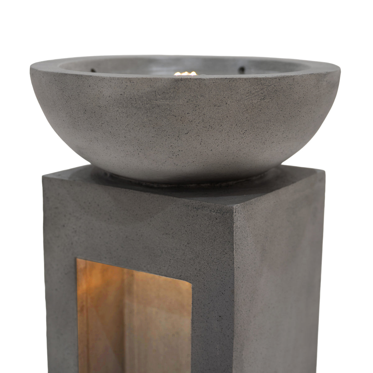 Elegante elektrische Wasseranlage "Serenity Falls" aus grauem Beton mit runder Schale und rechteckigem Sockel, ideal für entspannende Gartenatmosphäre