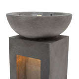 Elegante elektrische Wasseranlage "Serenity Falls" aus grauem Beton mit runder Schale und rechteckigem Sockel, ideal für entspannende Gartenatmosphäre
