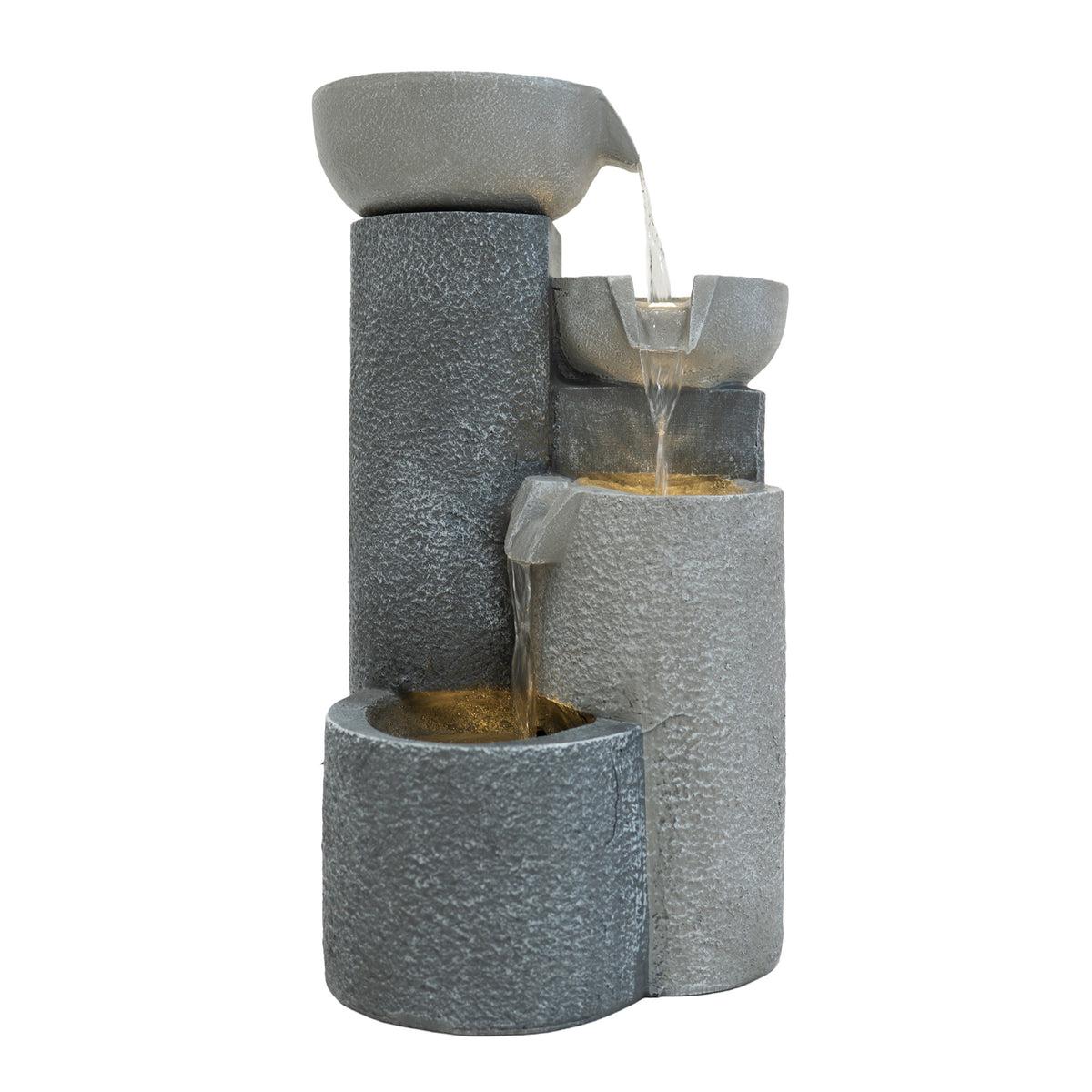 Elegante elektrische Wasseranlage "Tranquil Tiers" mit grauen und sandfarbenen Tönen, mehreren Ebenen und sanft fließendem Wasser, ideal für entspannende Gartenatmosphäre