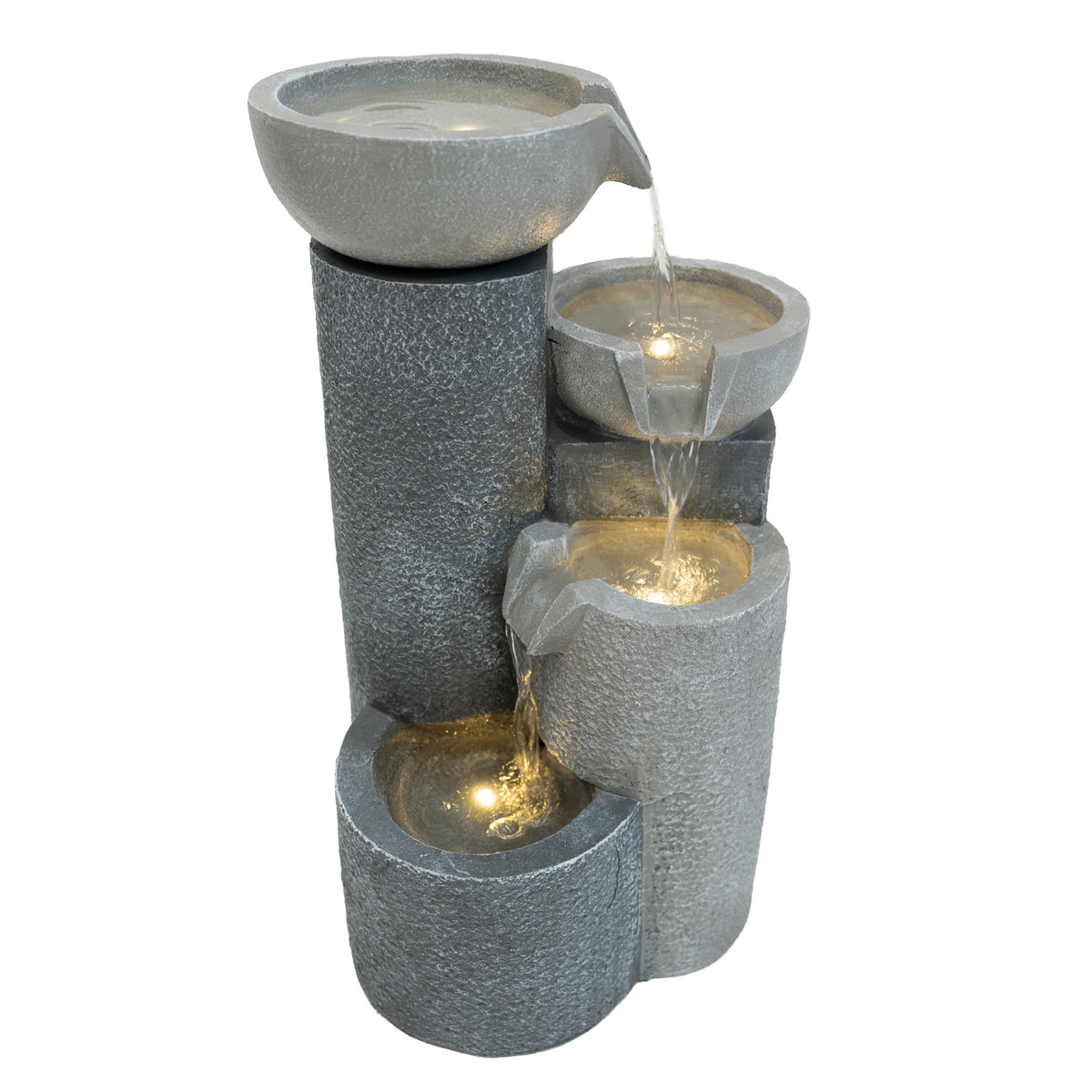 Elegante elektrische Wasseranlage "Tranquil Tiers" mit grauem Steinfinish, drei schalenförmigen Wasserbecken und sanft fließendem Wasser