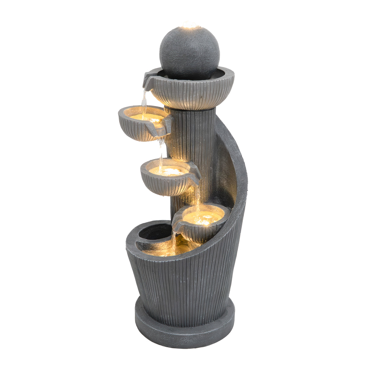 Elegante elektrische Wasseranlage "Spiral Springs" aus grauem Material, mit sanft fließendem Wasser und beleuchteten Schalen, die eine beruhigende Atmosphäre schaffen