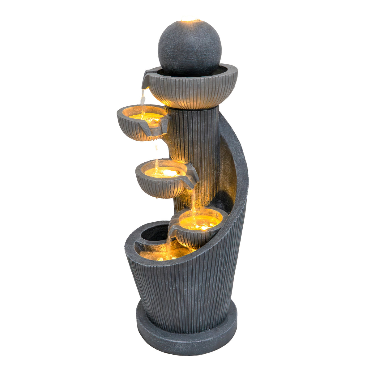 Elegante elektrische Wasseranlage "Spiral Springs" aus schwarzem Kunststein mit sanft fließendem Wasser und warmem Licht in mehreren Schalen