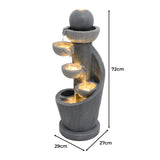 Elegante elektrische Wasseranlage "Spiral Springs" in Grau mit vier Wasserbecken, sanftem Wasserfluss und integrierter LED-Beleuchtung, 72 cm hoch