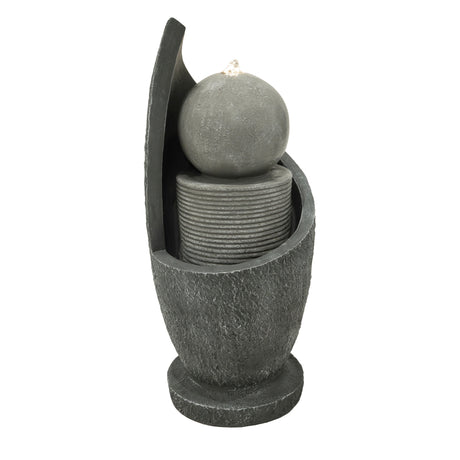 Elegante elektrische Wasseranlage "Zen Cascade" aus grauem Stein, mit geschwungenen Formen und einer sanften Wasserfontäne, die Ruhe ausstrahlt