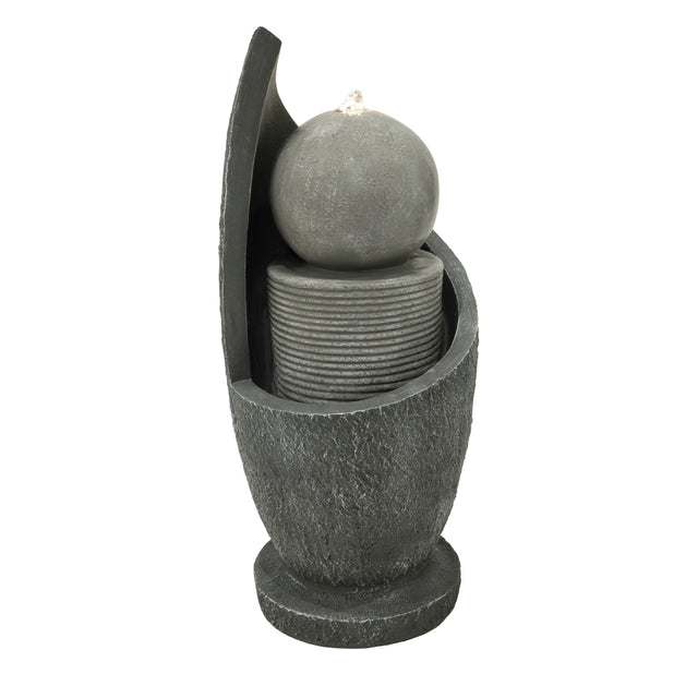 Elegante elektrische Wasseranlage "Zen Cascade" aus grauem Stein, mit geschwungenen Formen und einer sanften Wasserfontäne, die Ruhe ausstrahlt