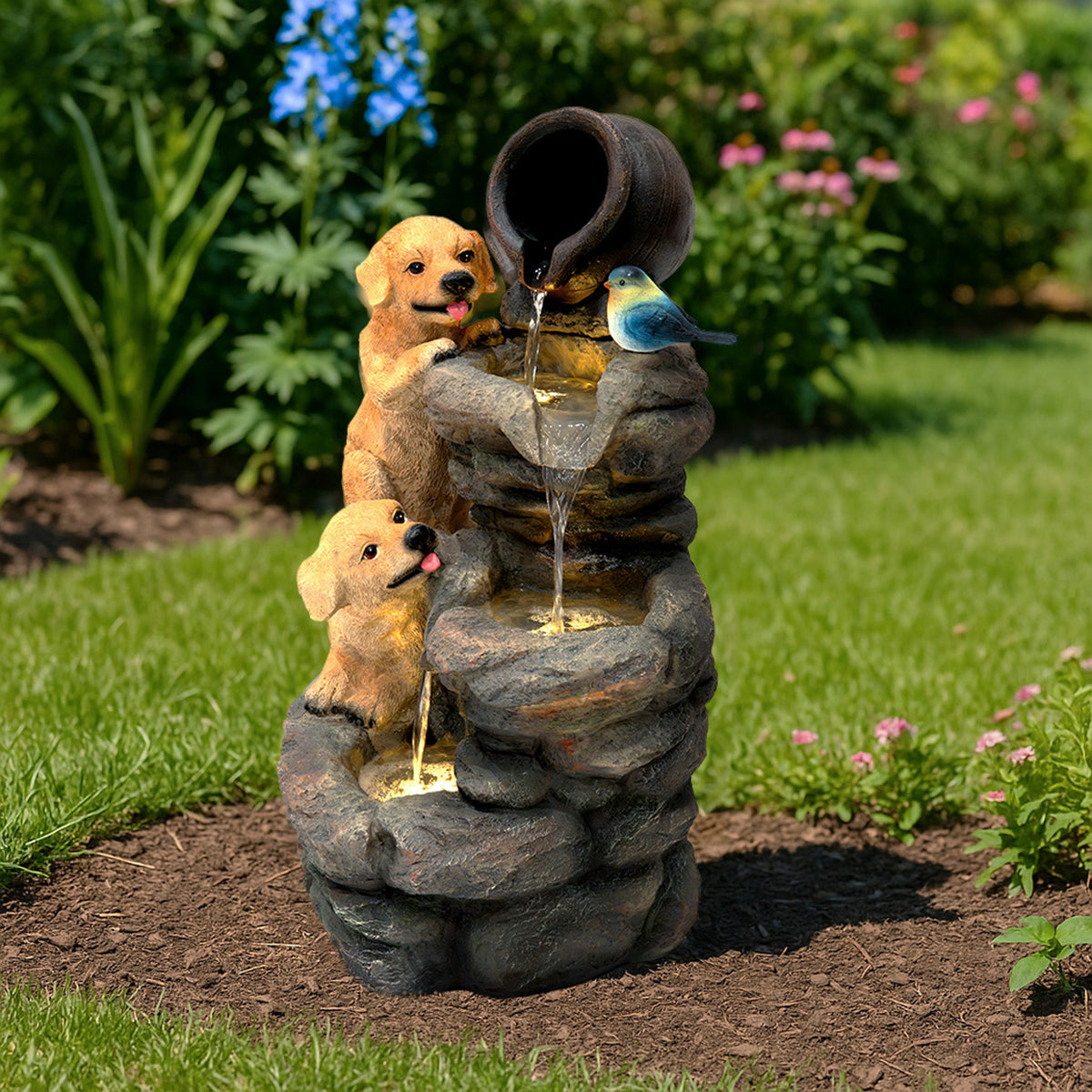 Zwei verspielte Welpen aus braunem Kunststein, die aus einer Wasseranlage mit einem kleinen Topf trinken, umgeben von grüner Vegetation und bunten Blumen