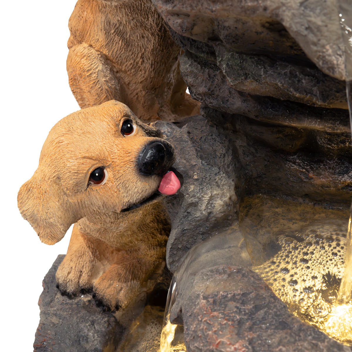 Detailreiche Wasseranlage "Canine Creek" mit einem verspielten Hund, der an einem Felsen sitzt, umgeben von fließendem Wasser und natürlichem Steinmaterial