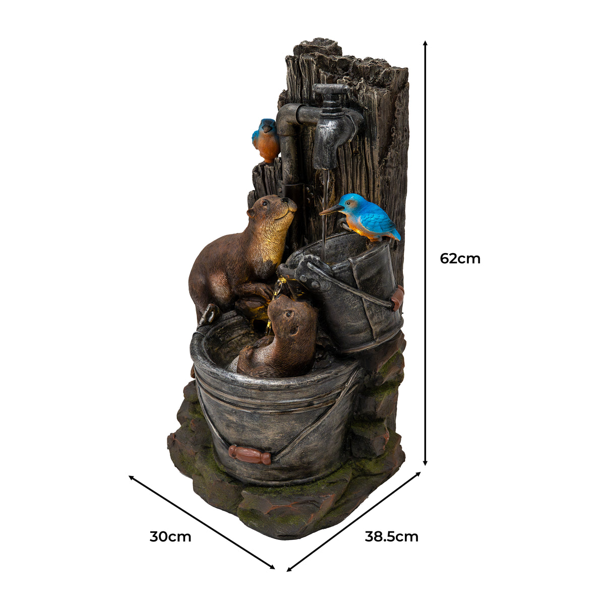 Detailreiche elektrische Wasseranlage "Otter Oasis" mit lebendigen Otterfiguren und blauen Vögeln, gefertigt aus robustem Polyresin, in natürlichen Erdtönen