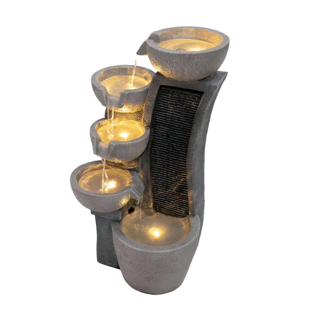 Elegante elektrische Wasseranlage "Sleek Streams" mit vier schalenförmigen Becken, sanft fließendem Wasser und integrierter Beleuchtung in grauem Design