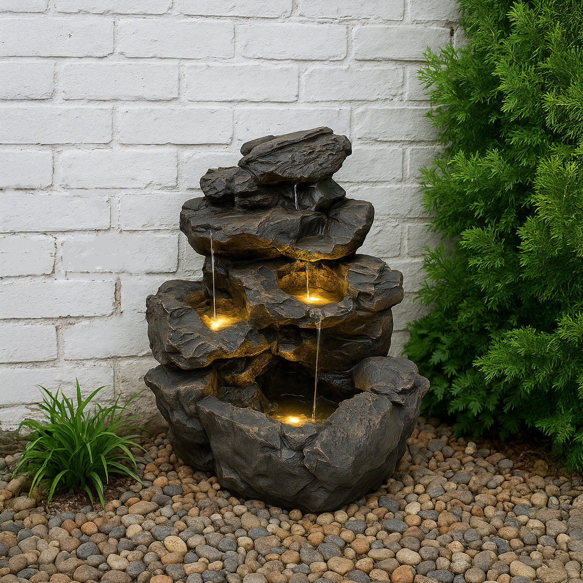 Rustikale Wasseranlage "Rustic Rapids" aus steinähnlichem Material mit drei Ebenen, sanft fließendem Wasser und integrierten LED-Lichtern in einem Gartenumfeld
