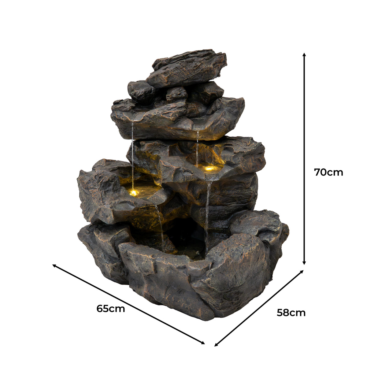 Rustikale Wasseranlage "Rustic Rapids" aus grauem Kunststein, mit mehreren Ebenen, sanft fließendem Wasser und integrierten LED-Lichtern für stimmungsvolle Beleuchtung
