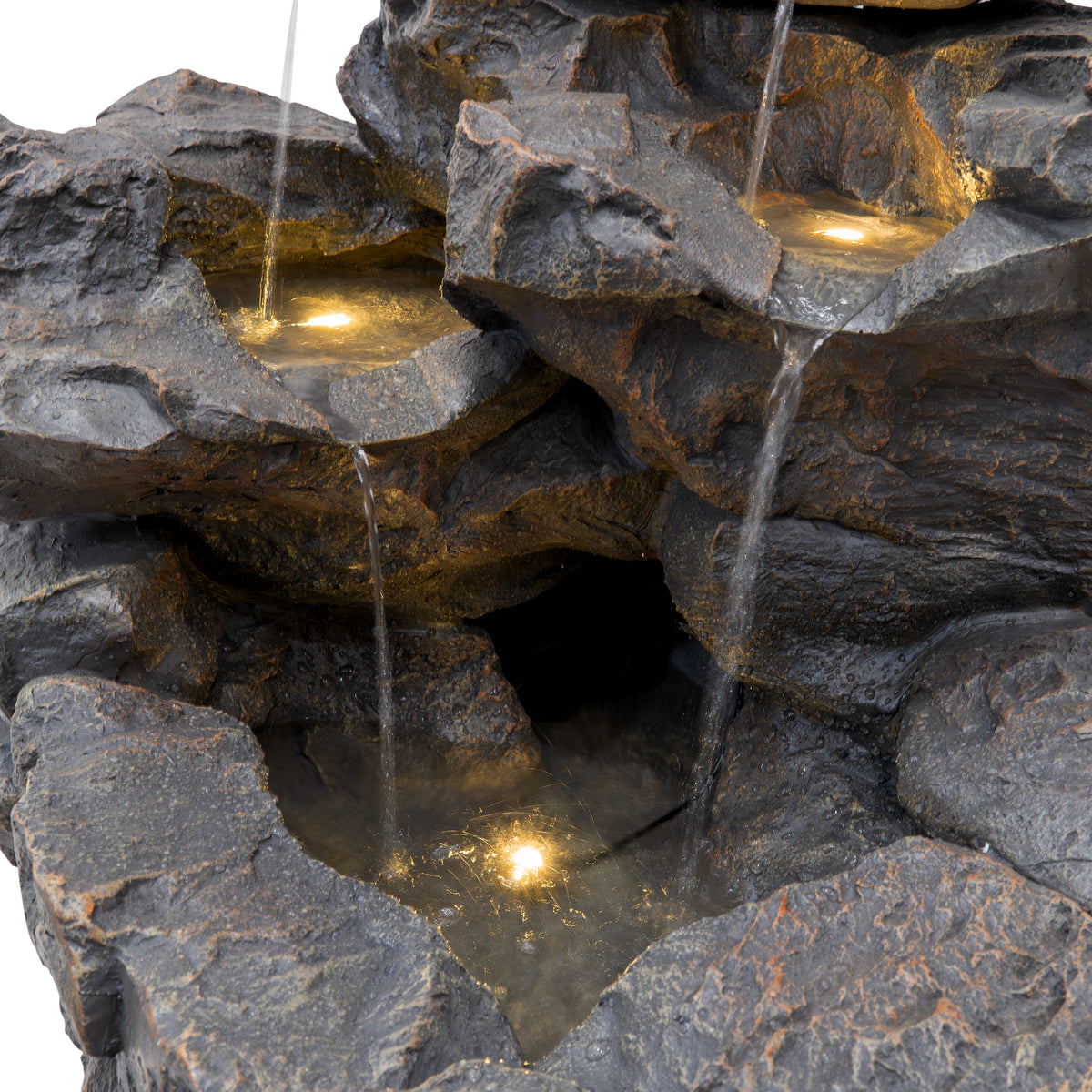 Rustikale Wasseranlage mit mehreren Ebenen aus grauem Stein, sanft fließendem Wasser und integrierten LED-Lichtern, die eine entspannende Atmosphäre schaffen
