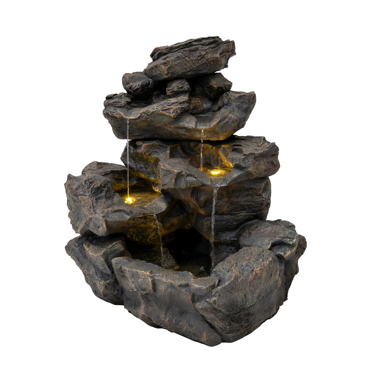 Rustikale Wasseranlage "Rustic Rapids" aus grauem Kunststein mit mehreren Ebenen, sanftem Wasserfluss und integrierten LED-Lichtern für stimmungsvolle Beleuchtung