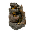 Elektrische Wasseranlage "Willow Springs" aus kunstvollem, grauem Stein mit Holzdetails, sanft fließendem Wasser und integrierter LED-Beleuchtung