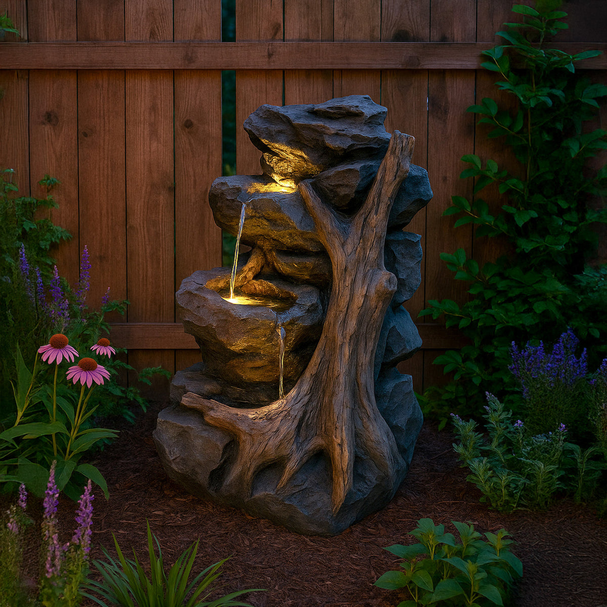 Die elektrische Wasseranlage "Willow Springs" zeigt eine steinerne Struktur mit Wasserfällen, beleuchtet von warmem Licht, umgeben von bunten Pflanzen und Holzdetails