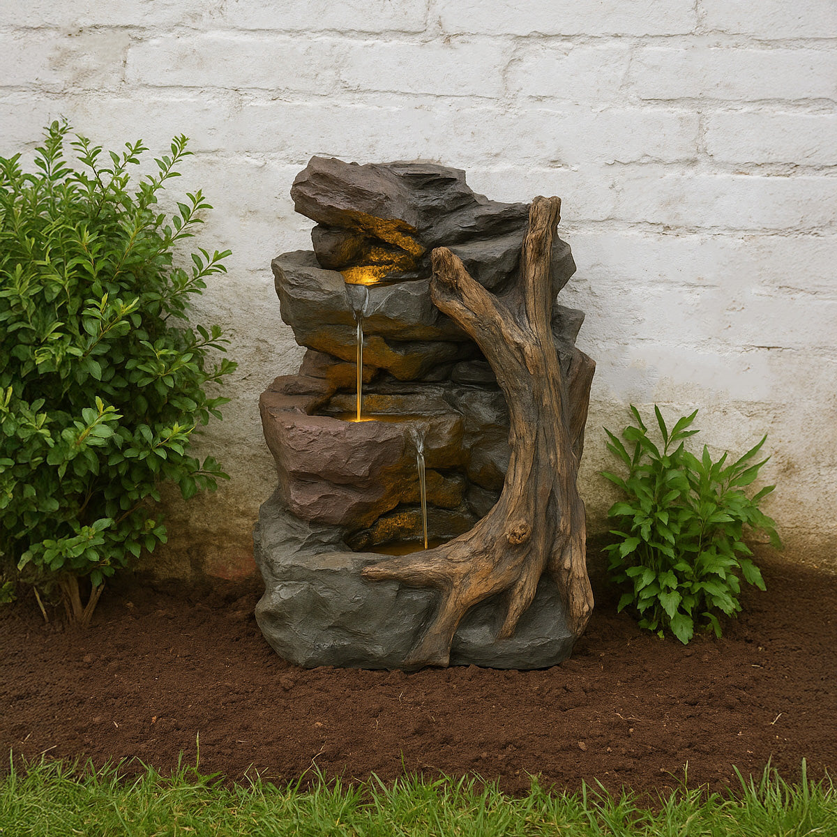 Natürliche Wasseranlage "Willow Springs" aus Stein mit Wasserfall, Holzstruktur und grünem Laub, ideal für Garten- oder Terrassengestaltung