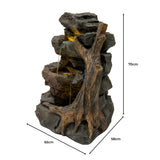 Natürlicher Wasserfall mit realistisch gestalteten Steinen und einem Baumstamm, der Wasser sanft in eine darunterliegende Schale leitet, 70 cm hoch