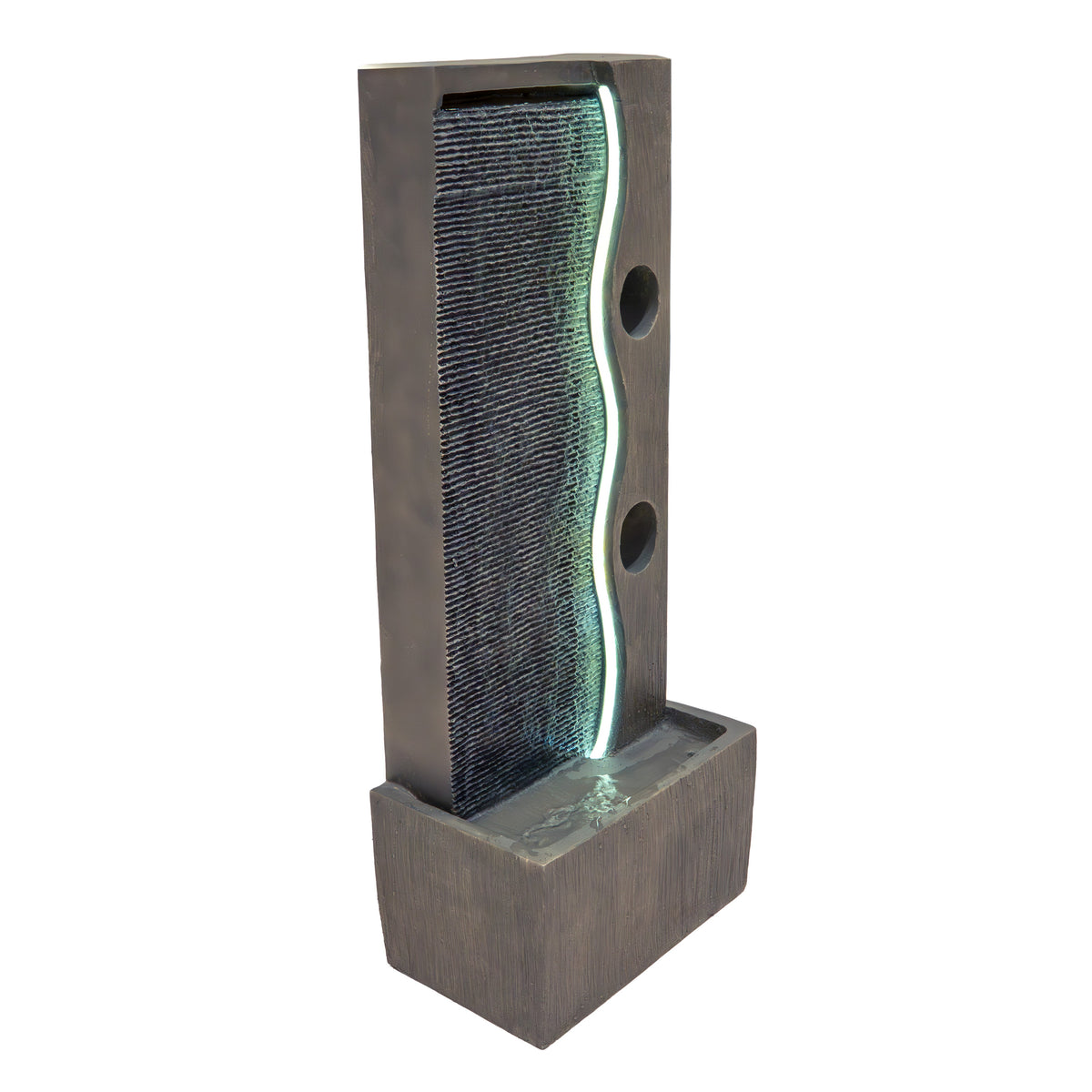 Moderne elektrische Wasseranlage "Harmony Falls" aus grauem Beton mit sanftem Wasserfluss, beleuchtet von einer grünen LED-Leiste, elegantes Design