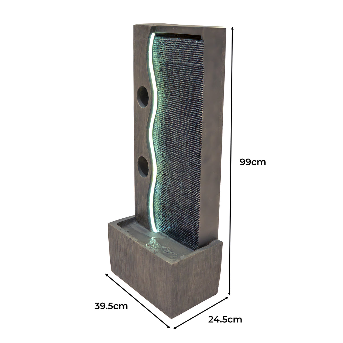 Elegante elektrische Wasseranlage "Harmony Falls" in Grau mit sanftem Wasserfluss, LED-Beleuchtung und modernem, minimalistischen Design