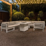 Modulares Gartenmöbelset aus Aluminium in Weiß, bestehend aus 9 Teilen, mit bequemen, hellen Polstern und integrierter Feuerstelle, ideal für den Außenbereich