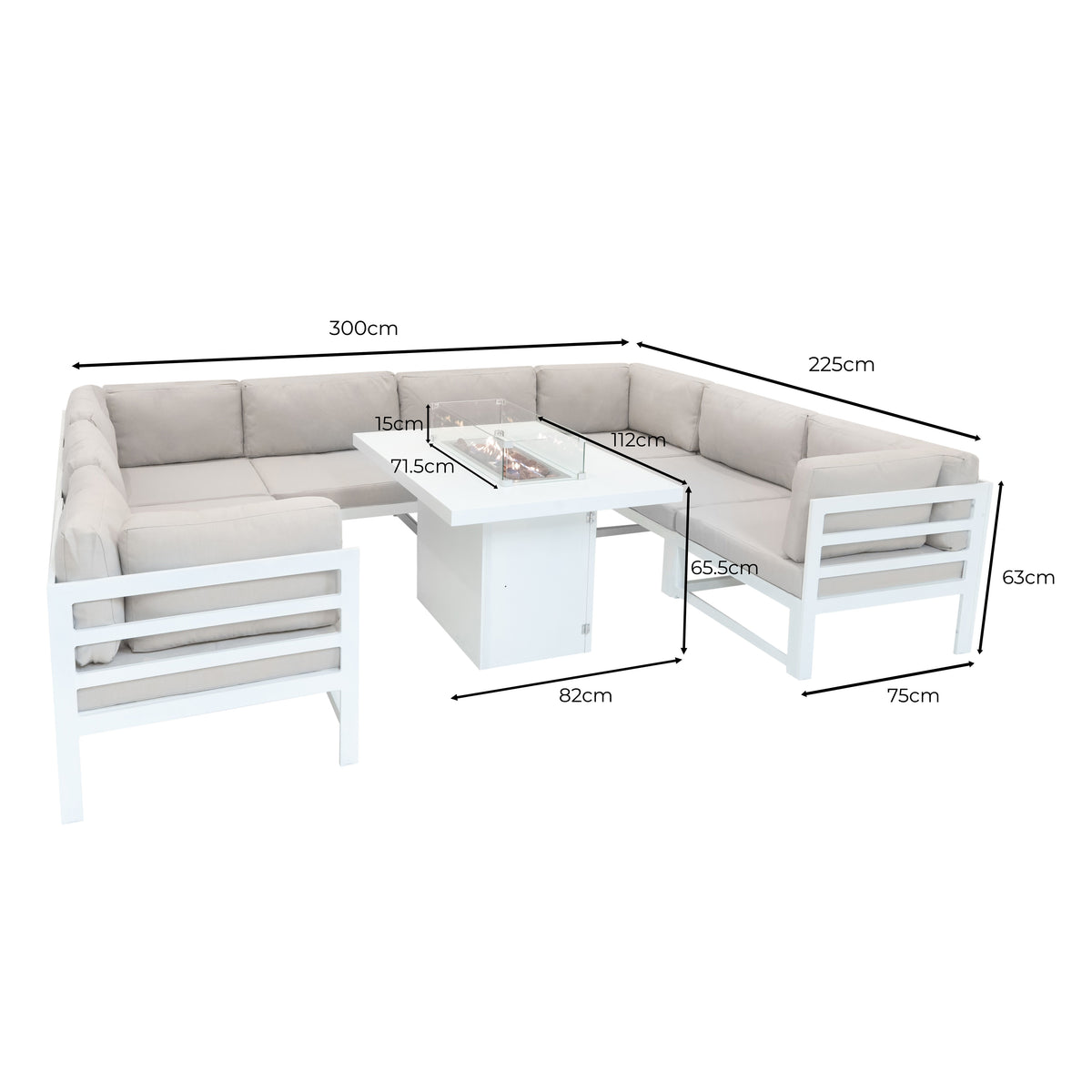 Modulares 9-teiliges Gartenmöbelset aus weißem Aluminium mit beigem Polster und integrierter Feuerstelle, ideal für entspannte Abende im Freien