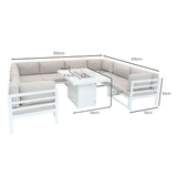 Modulares 9-teiliges Gartenmöbelset aus weißem Aluminium mit beigem Polster und integrierter Feuerstelle, ideal für entspannte Abende im Freien