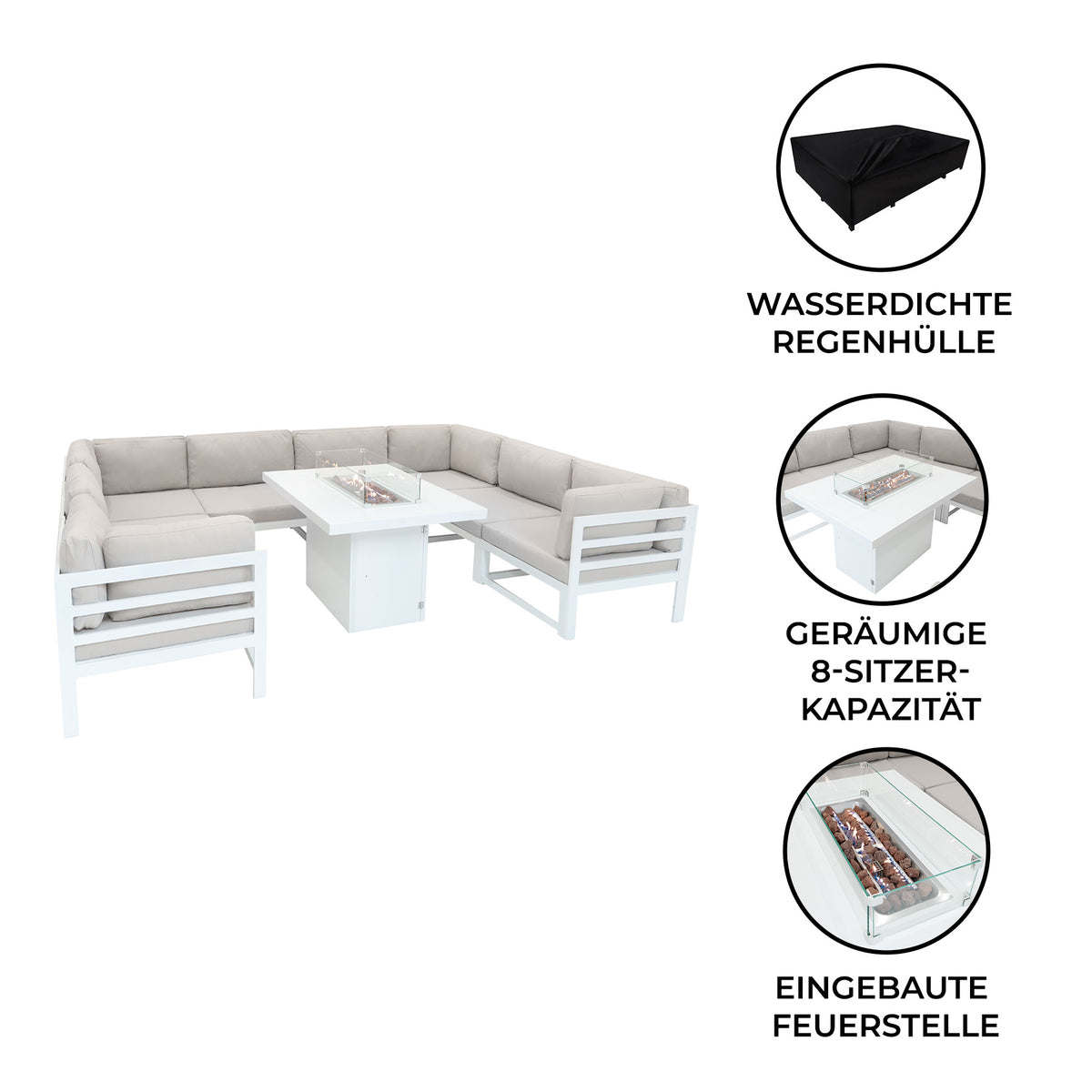 Modulares 9-teiliges Gartenmöbelset in Weiß mit bequemen, grauen Kissen und integrierter Feuerstelle für gesellige Abende im Freien