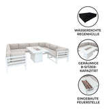 Modulares 9-teiliges Gartenmöbelset in Weiß mit bequemen, grauen Kissen und integrierter Feuerstelle für gesellige Abende im Freien