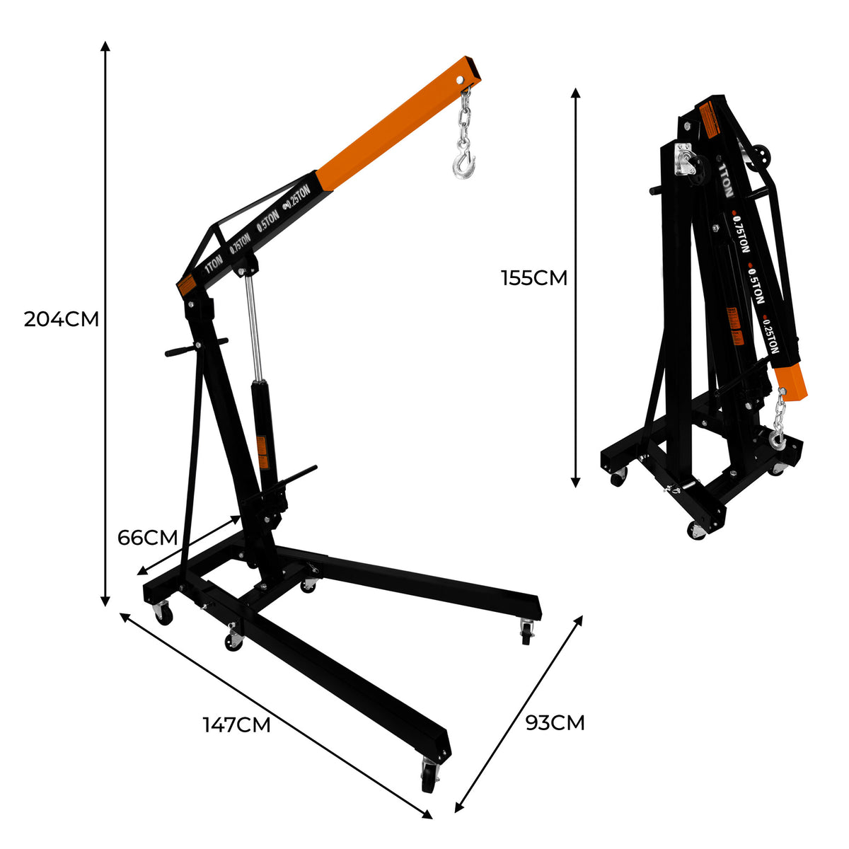 Schwarzer 1-Tonnen-Motorkran mit orangefarbenem Arm, verstellbarer Höhe, auf Rollen für einfache Mobilität, zusammenklappbar für platzsparende Lagerung
