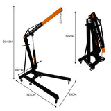 Schwarzer 1-Tonnen-Motorkran mit orangefarbenem Arm, verstellbarer Höhe, auf Rollen für einfache Mobilität, zusammenklappbar für platzsparende Lagerung