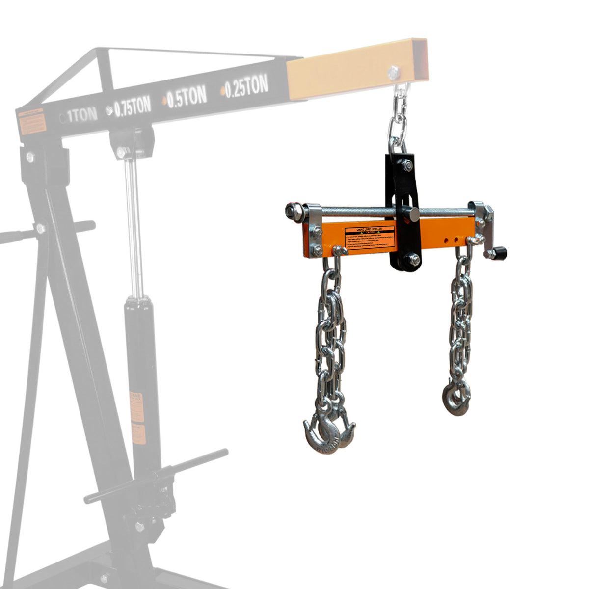 Robuster T-Mech Motorkran mit orangefarbenem Lastnivellierer, verstellbaren Ketten und stabiler Metallkonstruktion für präzises Heben und Positionieren