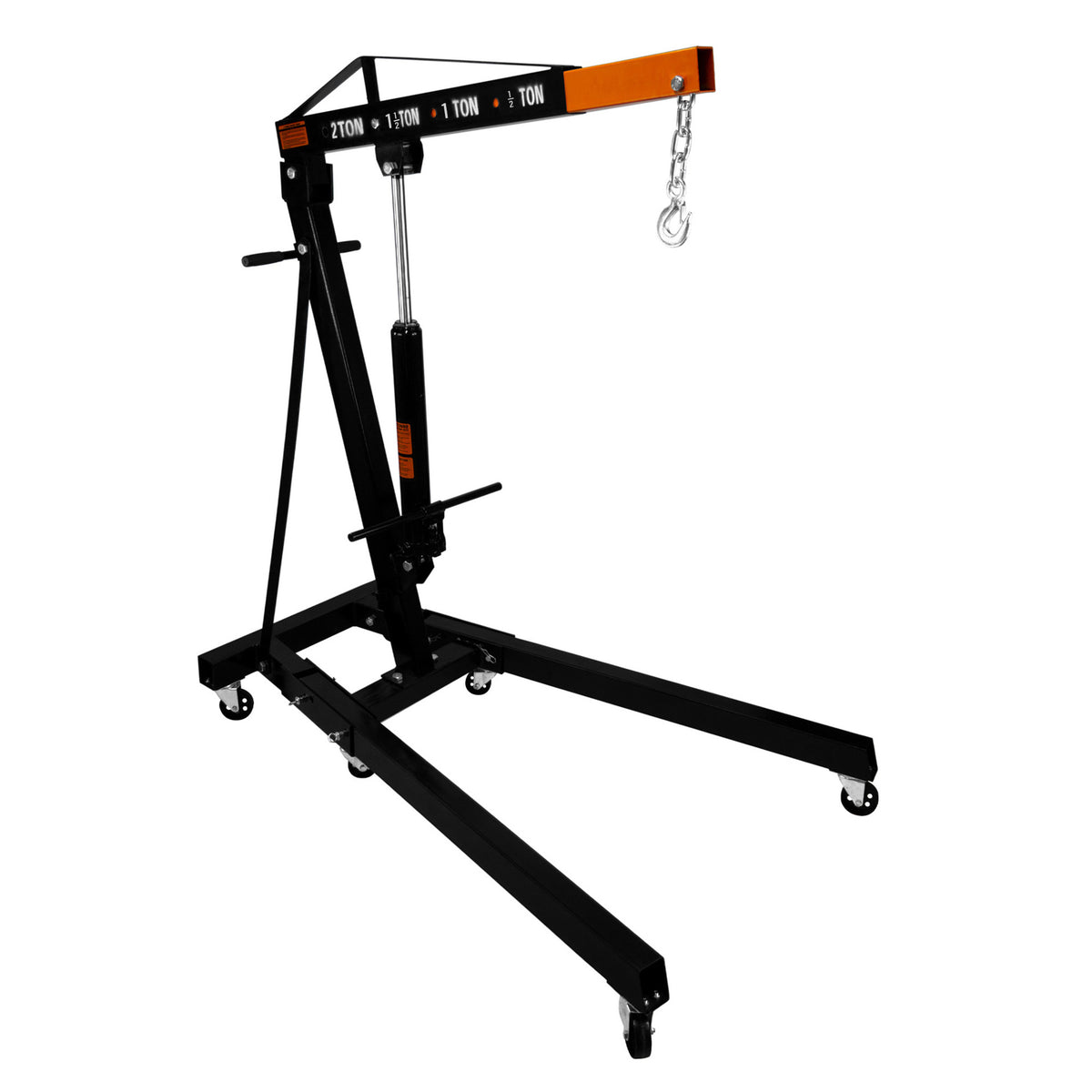 Schwarzer 2-Tonnen-Motorkran mit stabilen Rollen, verstellbarem Arm und robustem Design, ideal für den Einsatz in Werkstätten und Garagen