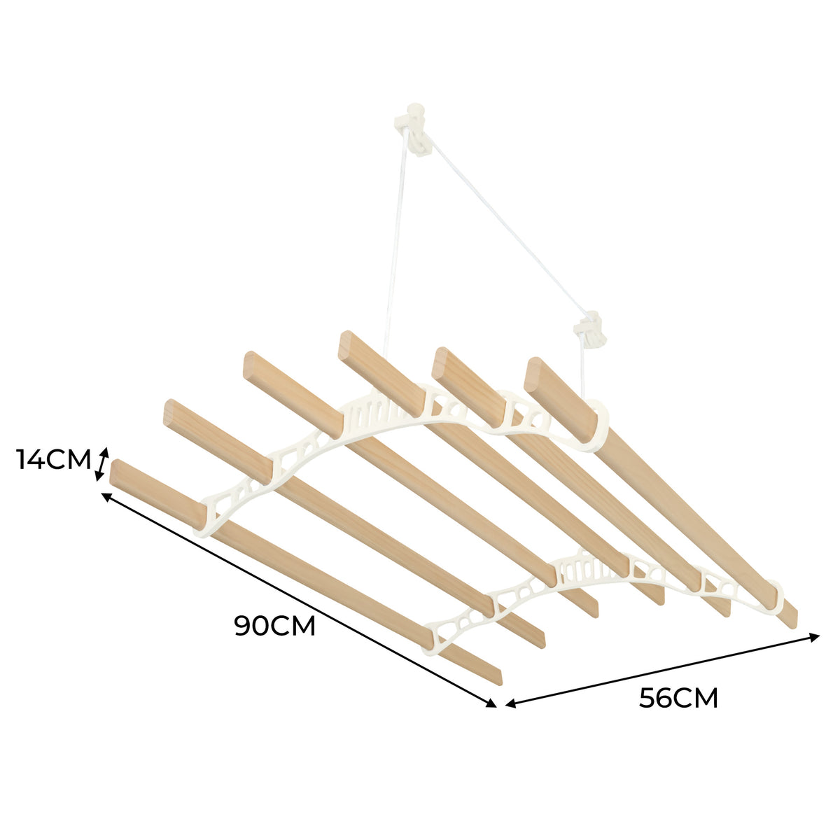 Elfenbeinfarbener 6-Latten-Wäscheständer mit Deckenrollen, aus Holz und Kunststoff, ideal zum Wäschetrocknen, Maße: 90 cm x 56 cm x 14 cm