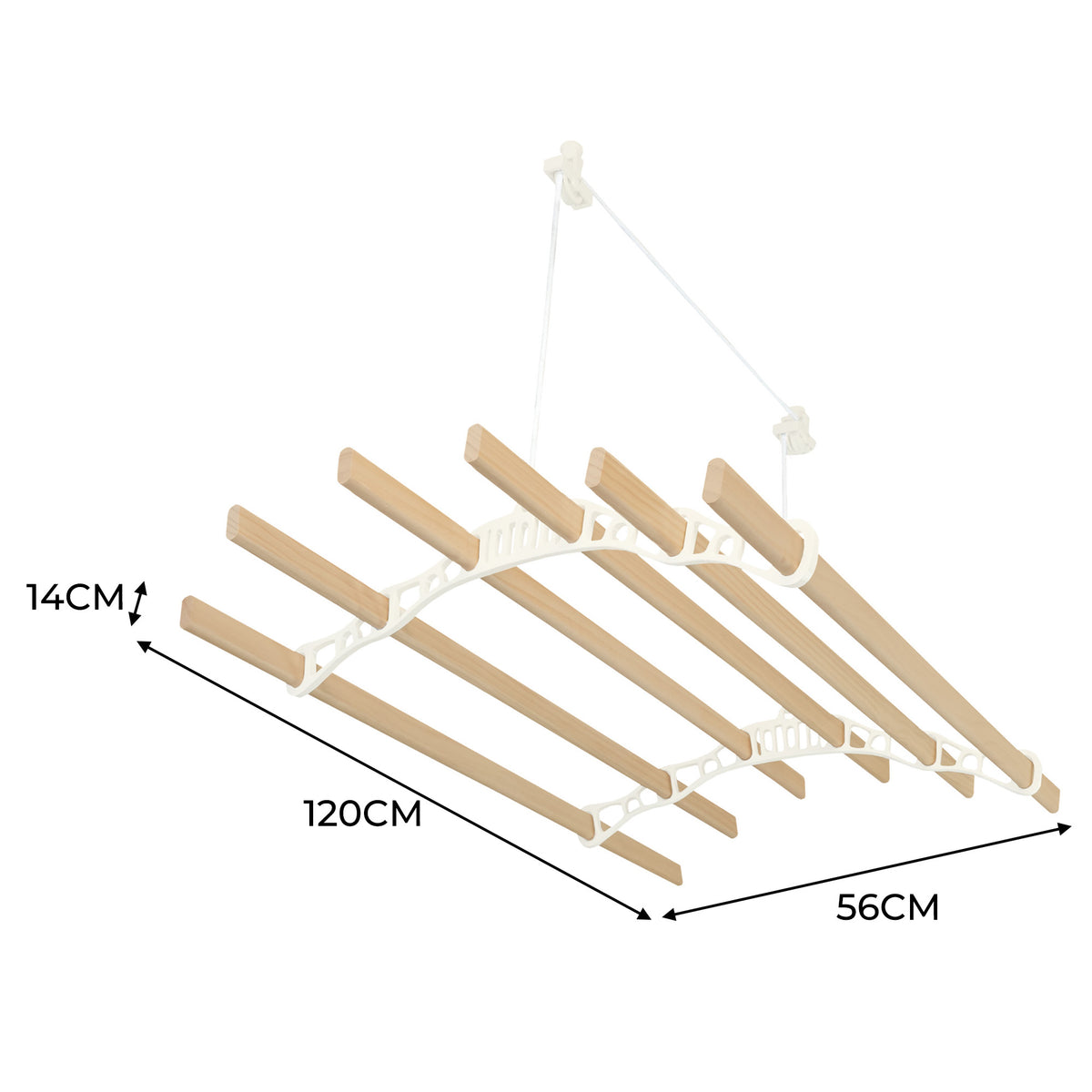 Elfenbeinfarbener Wäscheständer mit 6 Holzlatten, Deckenrollen und stabiler Konstruktion, ideal zum Wäscheaufhängen in kleinen Räumen