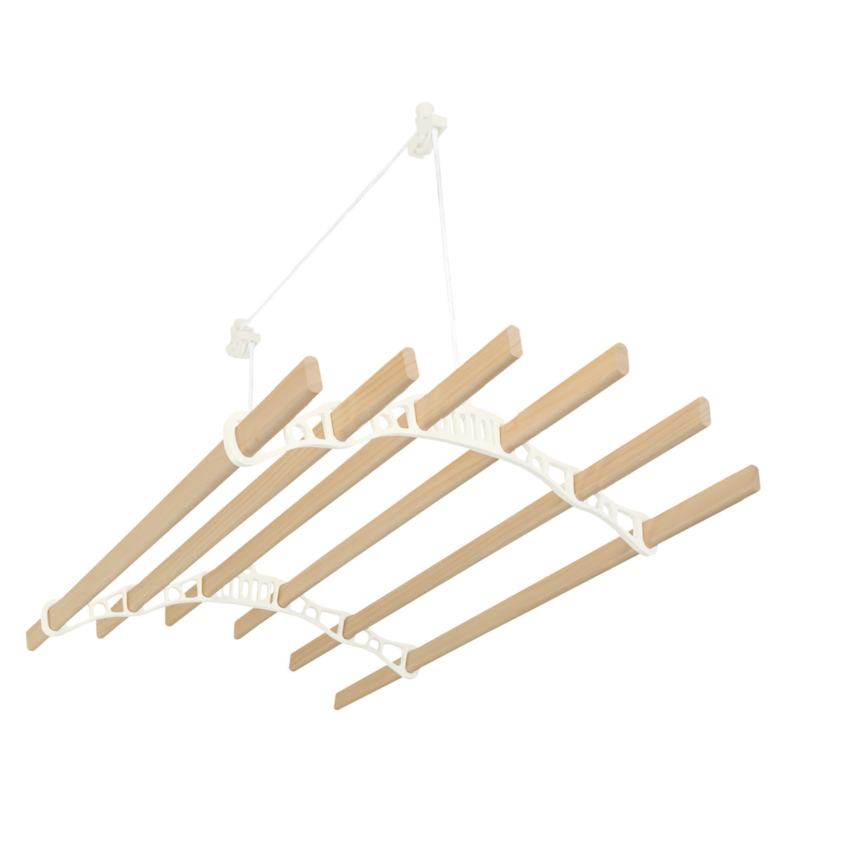 Elfenbeinfarbener Wäscheständer mit sechs stabilen Holzlatten, elegant geschwungen, ideal zum Trocknen von Wäsche, mit praktischen Deckenrollen
