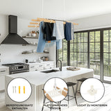 Elfenbeinfarbener 6-Latten-Wäscheständer mit Deckenrollen, platzsparendes Design, ideal für moderne Küchen, mit Wäsche zum Trocknen aufgehängt