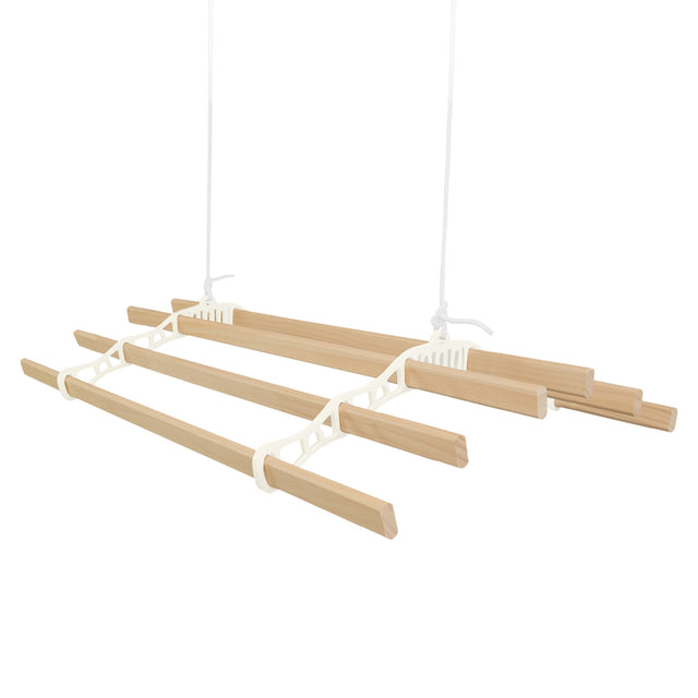 Elfenbeinfarbener Wäscheständer mit sechs Latten, aus Holz, mit Deckenrollen für platzsparendes Trocknen, ideal für kleine Räume