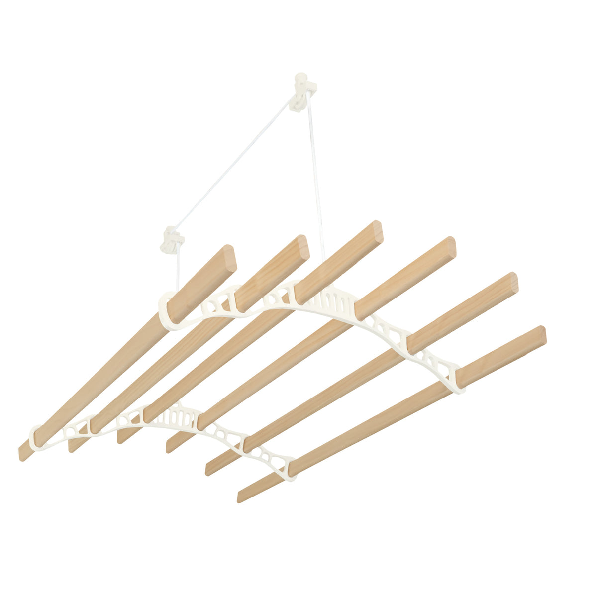 Elfenbeinfarbener Wäscheständer mit sechs hölzernen Latten, elegant geschwungen, ideal für platzsparendes Trocknen von Wäsche an der Decke