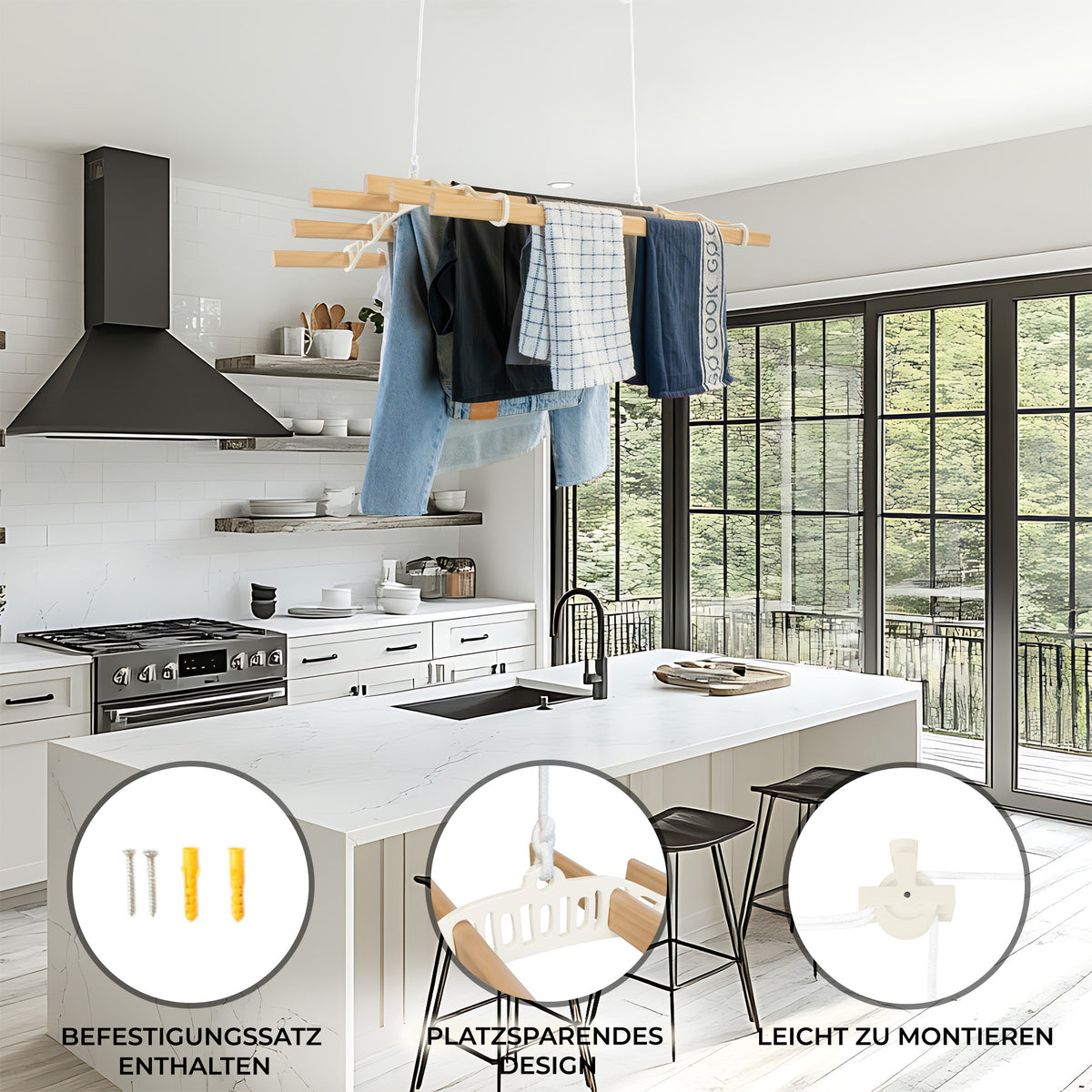 Elfenbeinfarbener 6-Latten-Wäscheständer mit Deckenrollen, platzsparendes Design, ideal für die Wäscheaufhängung in modernen Küchen oder Wohnräumen
