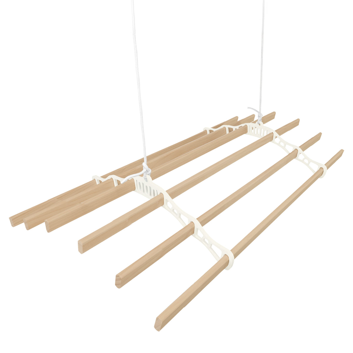 Elfenbeinfarbener Wäscheständer mit sechs Holzlatten und Deckenrollen, ideal zum Trocknen von Wäsche, leicht und stabil, moderne und praktische Gestaltung