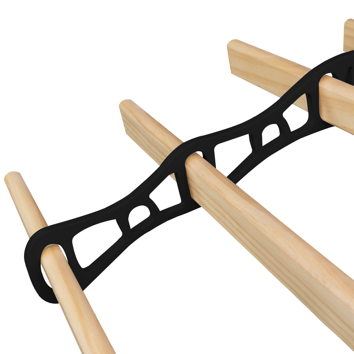 Schwarzfarbener Wäscheständer mit sechs Holzlatten und stabilen Deckenrollen, ideal zum Wäscheaufhängen in kleinen Räumen