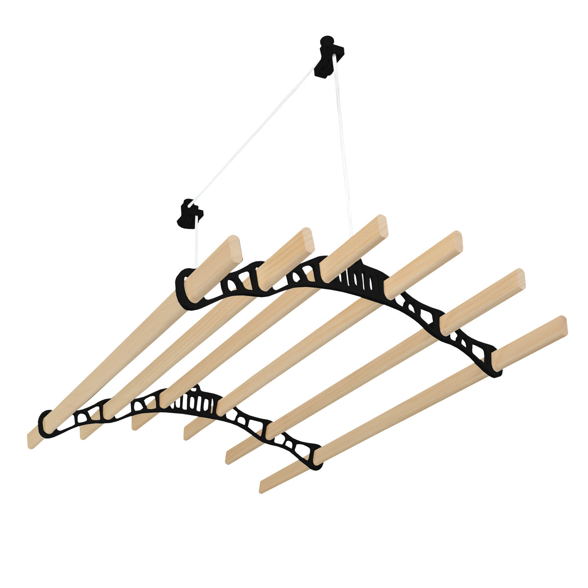 Schwarzfarbener 6-Latten-Wäscheständer mit Deckenrollen, aus Holz und Kunststoff, ideal für platzsparendes Trocknen von Wäsche in Innenräumen