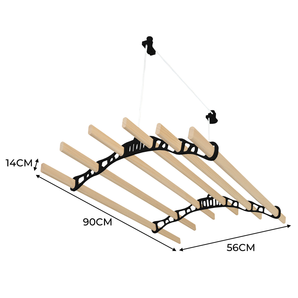 Schwarzfarbener 6-Latten-Wäscheständer mit Deckenrollen, aus Holz und Kunststoff, misst 90 cm in der Breite und 56 cm in der Tiefe, ideal zum Wäschetrocknen