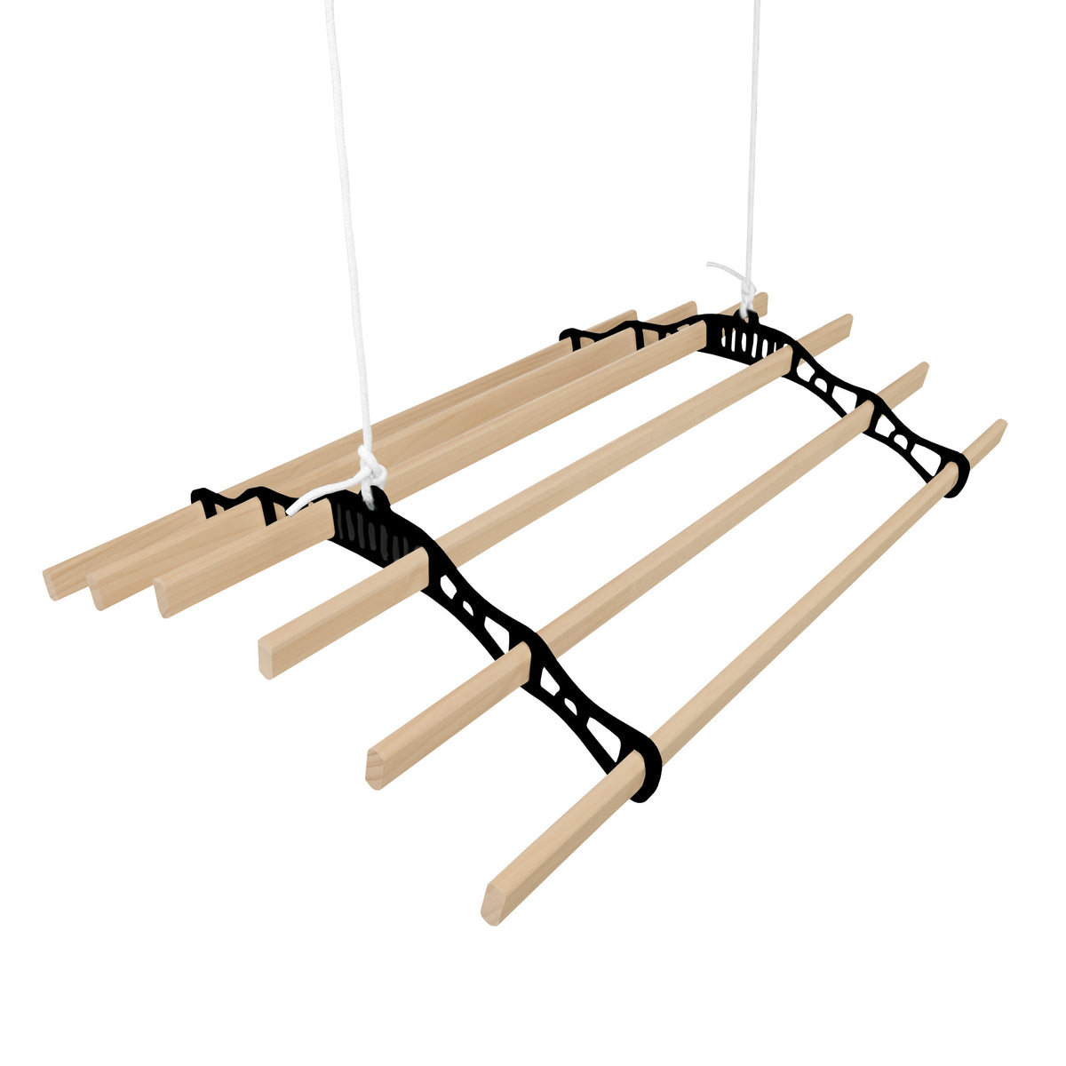 Schwarzfarbener Wäscheständer mit sechs Holzlatten und Deckenrollen, ideal für platzsparendes Trocknen von Wäsche in Innenräumen