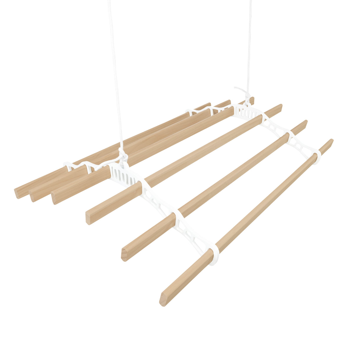 Weißfarbener Wäscheständer mit sechs Holzlatten und Deckenrollen, ideal zum Wäscheaufhängen, leicht und platzsparend, modernes Design
