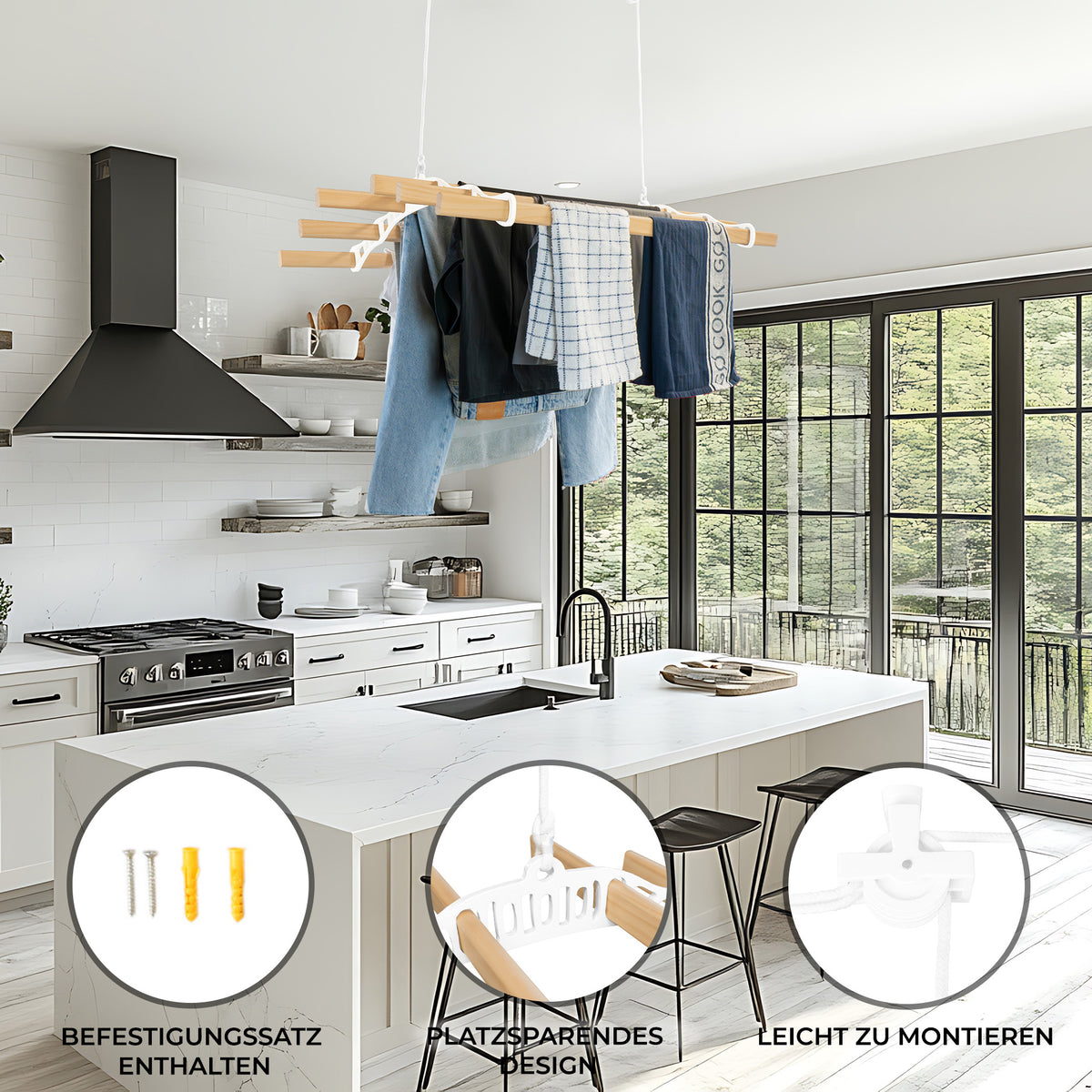 Weißfarbener 6-Latten-Wäscheständer mit Deckenrollen, elegant im modernen Küchenumfeld, bietet platzsparendes Design und einfache Montage