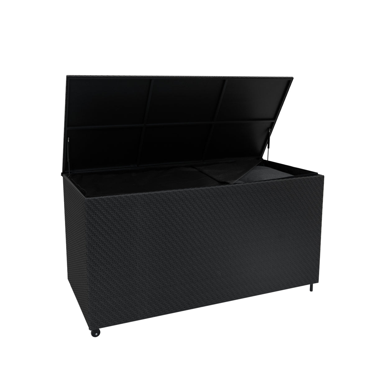 Schwarze Aufbewahrungsbox aus Rattan mit Deckel, geräumig und praktisch, ideal für Gartenmöbel oder Spielzeug, mit Rollen für einfache Mobilität