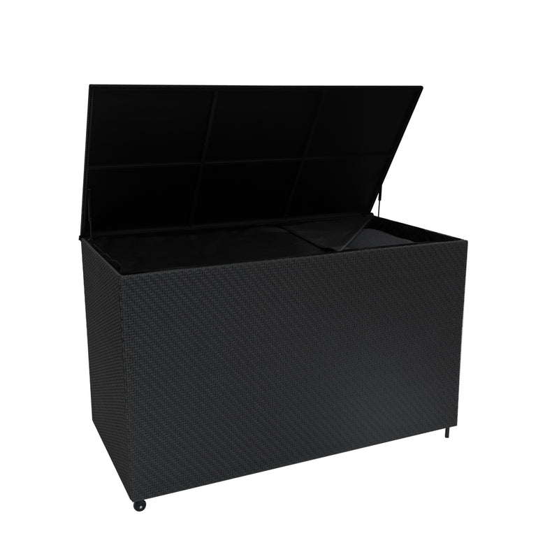 Schwarze Aufbewahrungsbox aus geflochtenem Material mit einem großen, klappbaren Deckel und Rollen für einfache Mobilität, ideal für Gartenmöbel oder Spielzeug